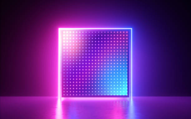 istock 3d render, abstract neon geometric background, square screen with glowing diodes, pixels or dots. Virtual reality cyberspace. Minimalist vibrant wallpaper 2176077023