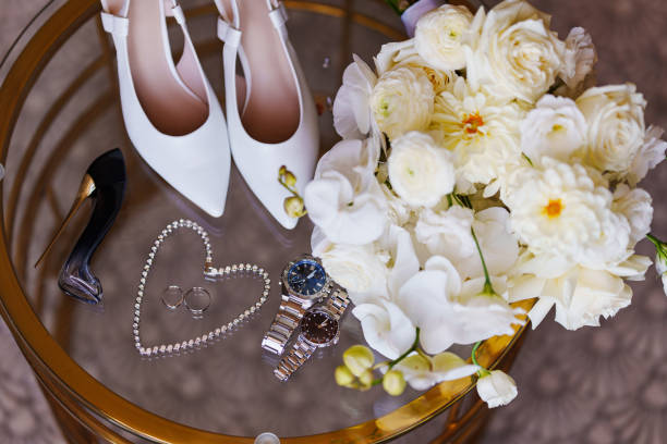istock Table with accessories for the bride and groom. 2176077990