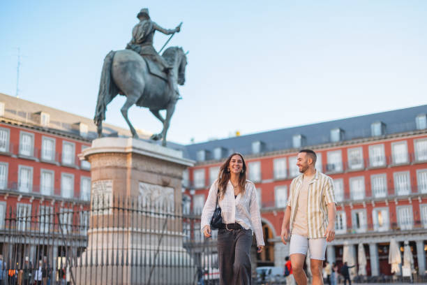 Hispanic Couple Enjoying Plaza Mayor in Madrid