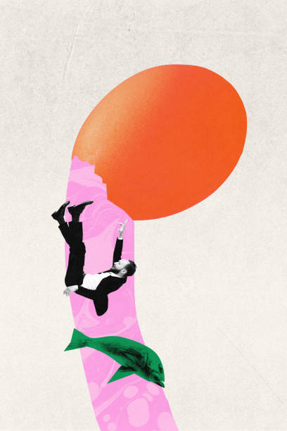 istock Contemporary art collage. Man falls into liquid-like environment with large egg and fish, symbolizing unexpected journey of life. 2176081688