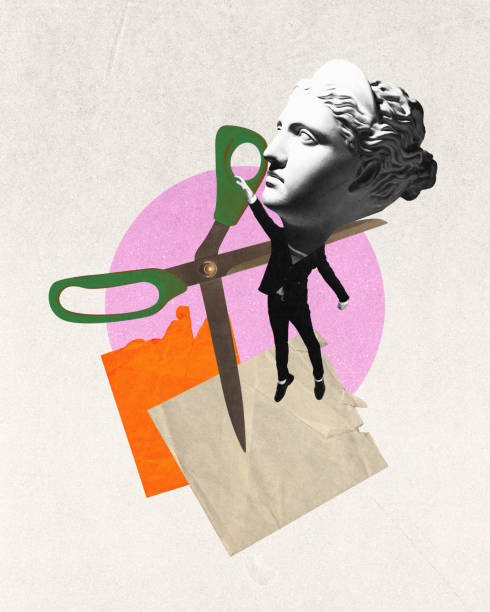 Contemporary art collage. Classical bust with scissors cutting through, symbolizing deconstruction of traditional ideas.