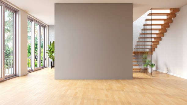Unfurnished Minimalist Living Room with Empty Gray Wall. 3D Render
