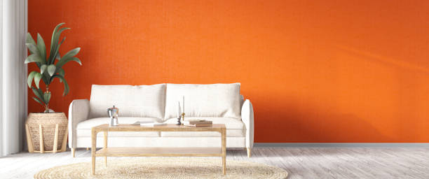 istock Panoramic Orange Living Room with a Copy Space on the Wall 2176082565
