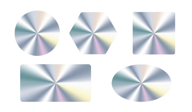 istock Holographic shimmering stickers pack. Holographic iridescent shiny textured stickers for product guarantee. Holographic labels with silver texture 2176083522