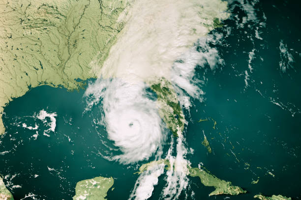 3D Render of a Topographic Map of the Caribbean Sea with the clouds from September 26, 2024. Category 4 Major Hurricane Helene approaching Big Bend of Florida. The most powerful ever storm making landfall at this area devastated parts of the Southeastern United States.All source data is in the public domain.Cloud texture: Global Imagery Browse Services (GIBS) courtesy of NASA, GOES data courtesy of NOAA.https://www.earthdata.nasa.gov/eosdis/science-system-description/eosdis-components/gibsColor texture: Made with Natural Earth.http://www.naturalearthdata.com/downloads/10m-raster-data/10m-cross-blend-hypso/Relief texture: GMTED 2010 data courtesy of USGS. URL of source image:https://topotools.cr.usgs.gov/gmted_viewer/viewer.htmWater texture: SRTM Water Body SWDB: https://dds.cr.usgs.gov/srtm/version2_1/SWBD/