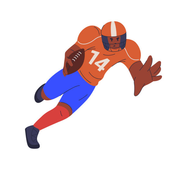 istock Rugby player running with ball, flat cartoon vector illustration. Sportsman wearing uniform and helmet, isolated man in motion on field. Training and working out, american football 2176085278