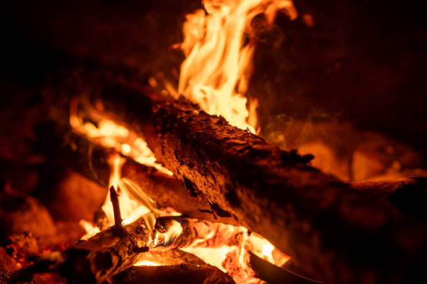 The flames dance around burning logs, creating a cozy atmosphere for relaxation and conversation among campers at night