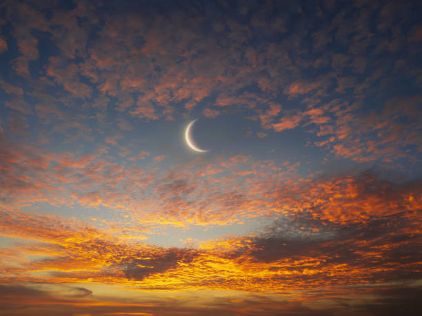 Young moon in the rays of sunset.