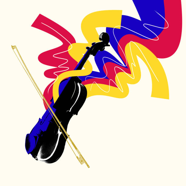 istock Violin with dynamic energy Black violin with golden bow against light background with dynamic colorful elements. Emotional flow of classical music. Creative art collage. 2176108109