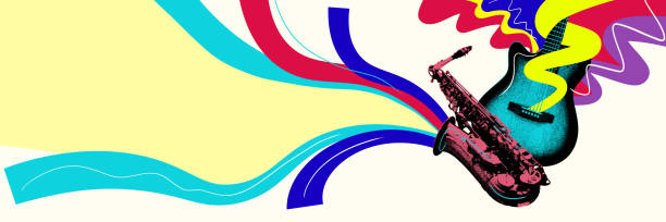 istock Saxophone and guitar against light background with multicolored elements. Vibrant composition. Creative art collage. 2176108118