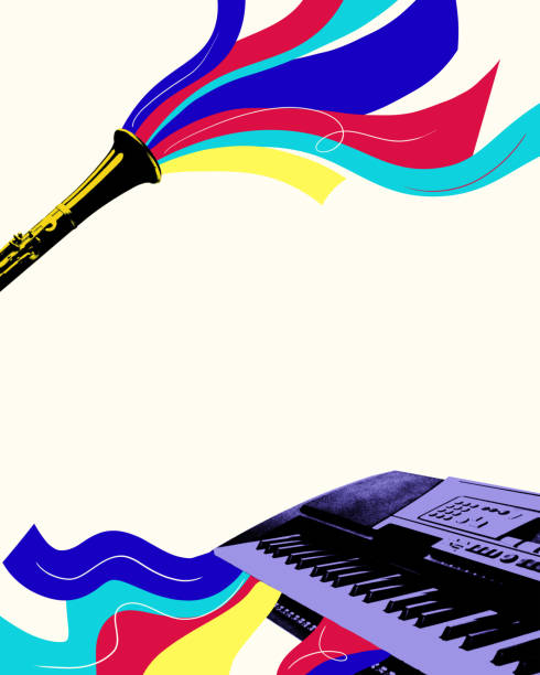 Clarinet and Keyboard Duet against light background with abstract colorful elements. Vibrant musical waves, tradition and modern rhythm. Creative art collage. Concept of music, festival, creativity