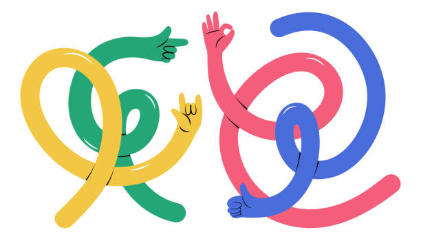 Four funky long hands with different hand gestures Set with 4 funky long hands with different international hand gestures. Hand drawn isolated vector illustrations arm stock illustrations
