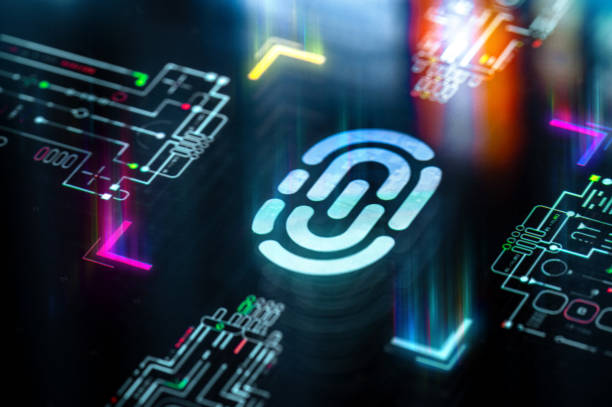 istock Digital authentication and fingerprint engine core. Digital privacy concept futuristic background. Touch ID evolution and productivity. Futuristic fingerprint icon in world of technological progress and innovation 2176108605