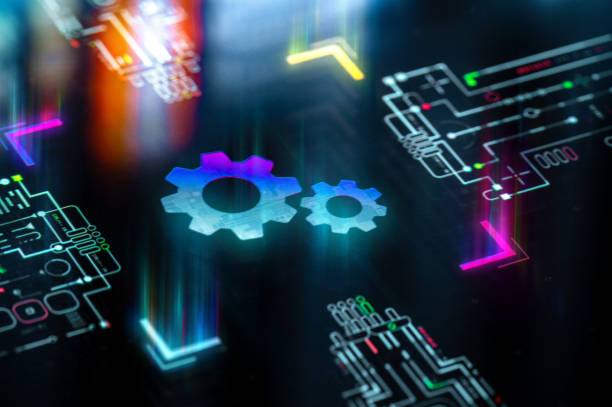 istock Productivity and efficiency background. Gears icon on digital display. Productivity evolution. Futuristic gears in world of technological progress and innovation. CGI 3D render 2176108632