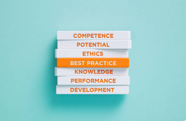 Best practice related words written wood blocks on blue background. Best practice concept.