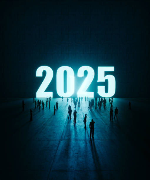 Human Crowd Waiting Before A Glowing 2025 On Concrete Wall