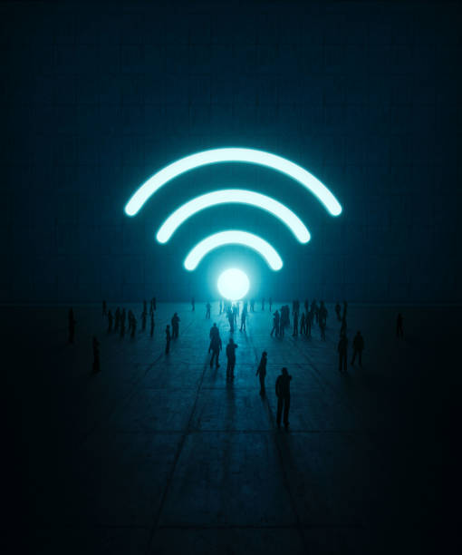 Human Crowd Waiting Before A Glowing Wi-Fi Symbol On Concrete Wall