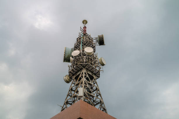 A tall telecommunications tower stands against a blue sky and fluffy white clouds. The tower is collecting meteorological and hydrological data. Forest Dading Mountain in Taiwan.
