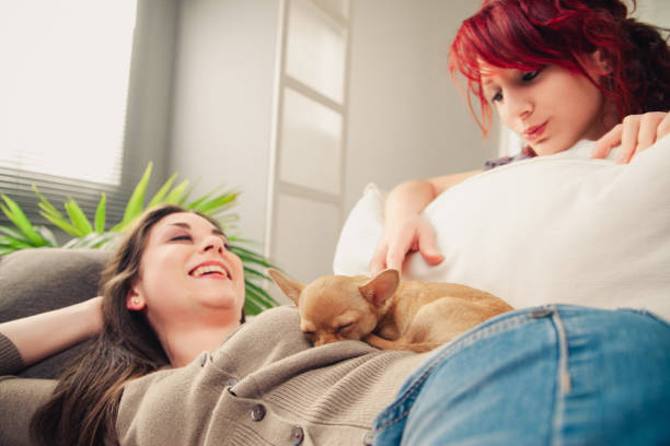 istock Two young women relaxing on couch with sleeping dog 2176119382