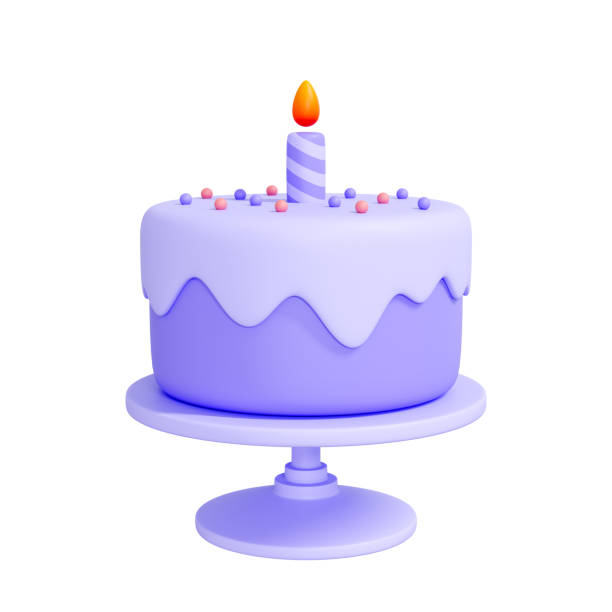 istock Purple birthday cake with a single lit candle isolated on white background 2176131028