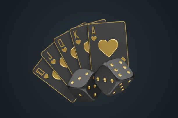 istock Golden Hearts Royal Flush with Black Dice on Dark Background. 3D render 2176131102