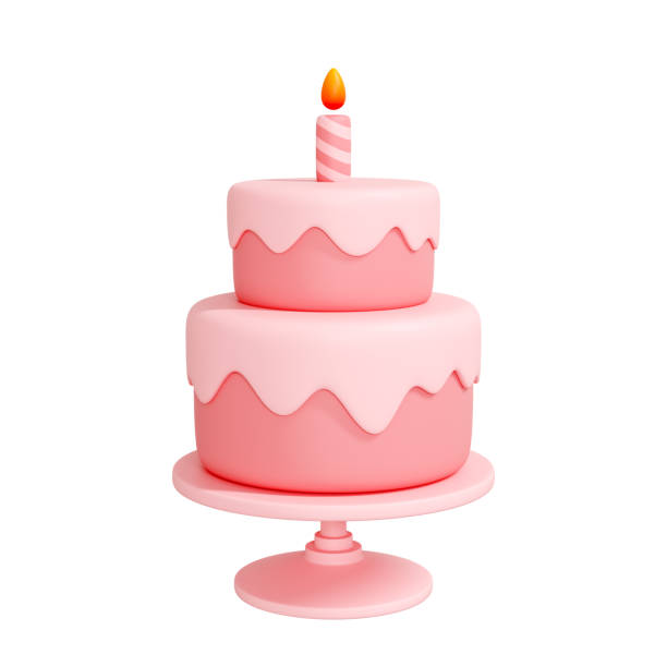 istock Birthday cake with a single lit candle on top, sitting on a cake stand 2176131104