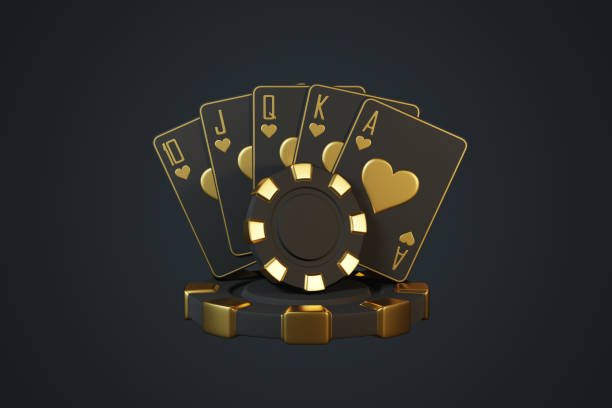 istock Royal Flush with Golden Poker Chip on Dark Table. 3D render illustration 2176131126