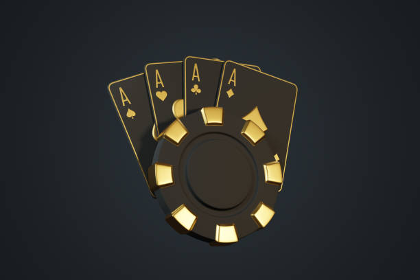 istock Golden Aces and Poker Chip on Dark Background. 3D render illustration 2176131210