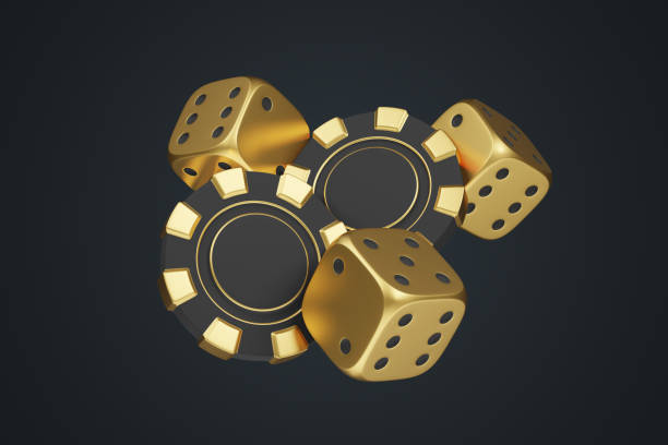 Golden Dice and Poker Chips on Dark Background. 3D render illustration