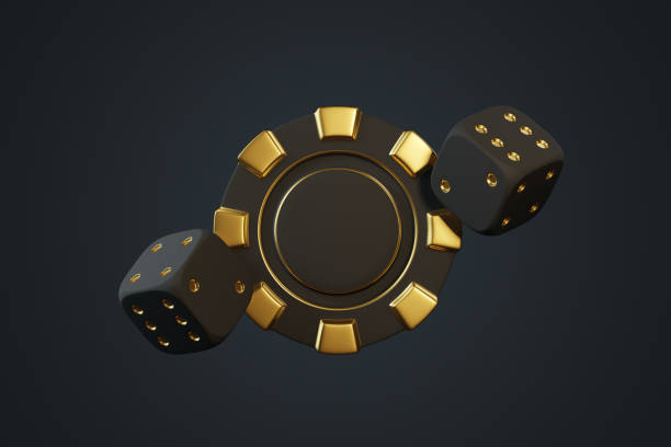 istock Golden Dice and Poker Chip on Dark Background. 3D render illustration 2176131544