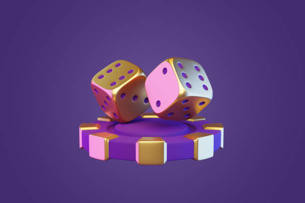 Golden Dice on Casino Chip Purple Background. 3D render illustration
