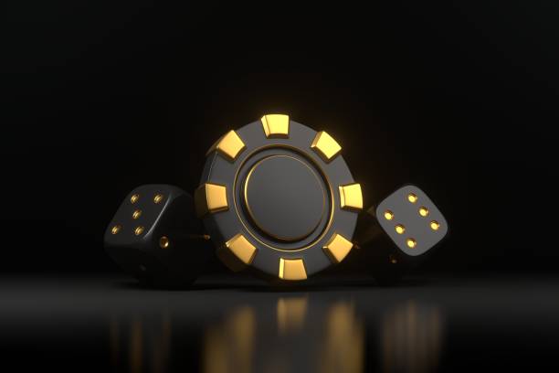 istock Golden Dice and Casino Chip on Black. 3D render illustration 2176131729