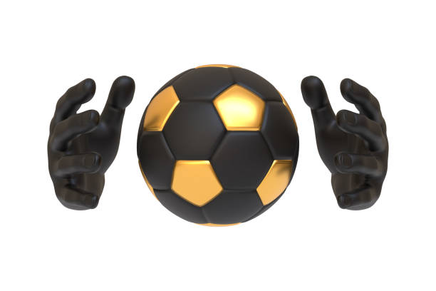 A black and gold soccer ball being held by black robotic hands, showcasing a futuristic sports concept on a white background. 3D render illustration
