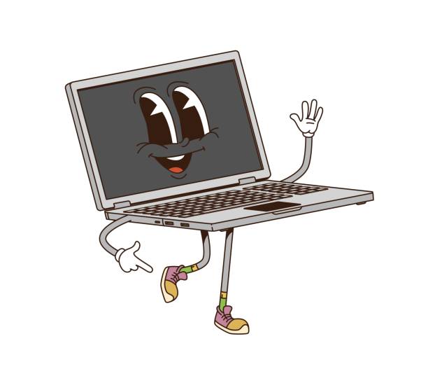 Cartoon groovy laptop computer retro character with funny face, vector funky comic. Groovy freaky laptop notebook with happy smile walking on positive vibes and good mood for groovy emoji
