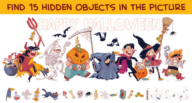 fröhliches halloween. finde 15 versteckte objekte auf dem bild. puzzle versteckte gegenstände - verkleidung kleidung stock-grafiken, -clipart, -cartoons und -symbole