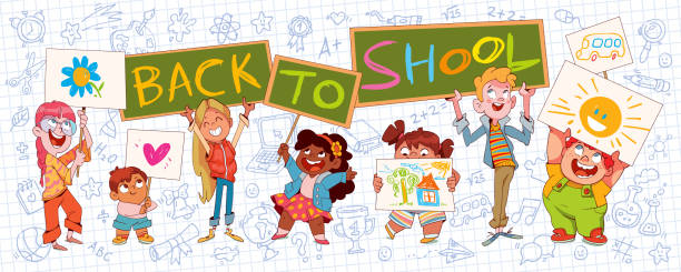 istock Children holding a Back to School poster. Funny cartoon characters 2176147731