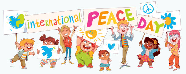 istock Children hold up drawn posters on the theme International day of peace 2176147849