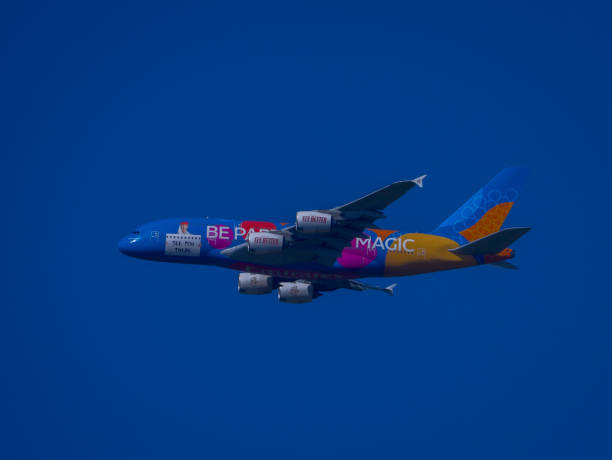 Jet flies overhead through clear blue skies