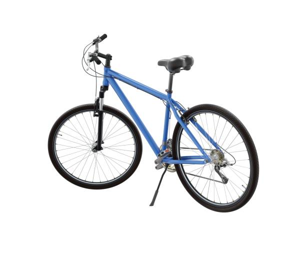 istock Blue bicycle standing on kickstand, side back view isolated on white background 2176152679