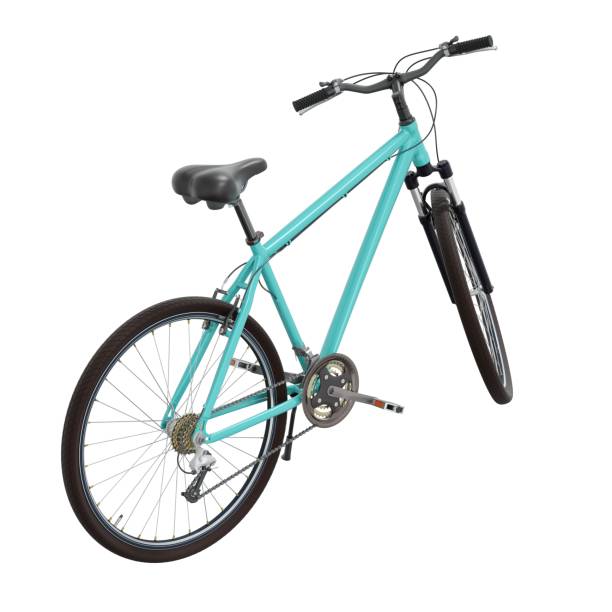 istock Blue teal bicycle standing on kickstand, side back view isolated on white background, 3D illustration 2176152701