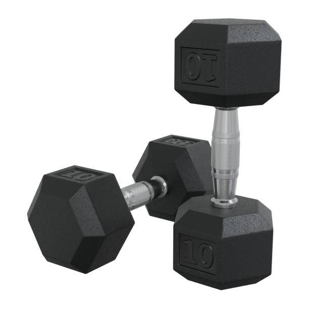 istock Two Hex Dumbbells with number 10, weightlifting gym equipment 2176153616