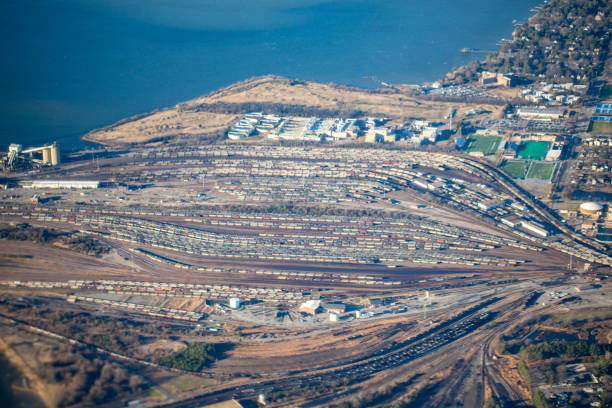 Aerial view of cargo containers on rows of freight trains at Norfolk Southern Lambert's Point Yard