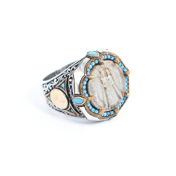 istock Silver antique ring with Virgin Mary and baby Jesus figures 2176157621