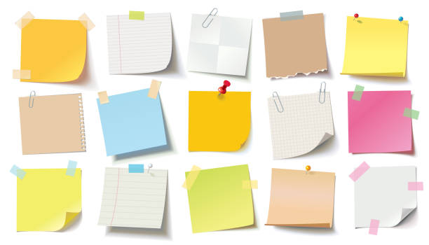 Colored stickers attached tape, red pushpin and metal paper clip. Collection of different color sheets of note papers with curled corner, ready for your message. Realistic vector illustration. Big set