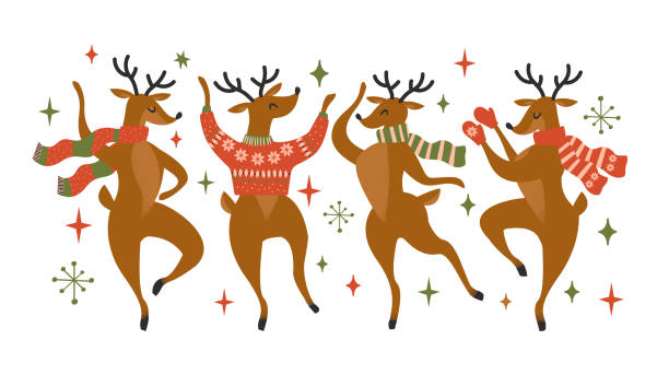Cute deers in 1950s retro style. Vintage Christmas deer postcard, invitation template. Mid Century Modern Holiday Design. Bold vector design elements 60-70s