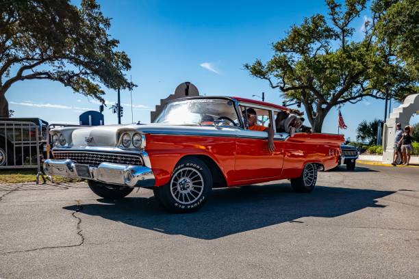 Gulfport, MS - October 02, 2023: Low perspective front corner view of a 1959 Ford Galaxie Custom 300 Hardtop at a local car show.