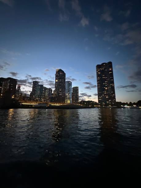 istock Chicago skyline at sunset for a river boat 2176170397