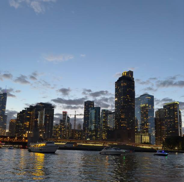 istock Chicago skyline at sunset for a river boat 2176170562