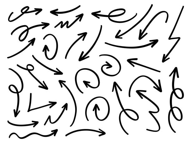 ilustraciones, imágenes clip art, dibujos animados e iconos de stock de hand drawn arrows collection set simple flat arrows isolated on white background. arrow mark icons and arrow paint. stock vector. eps10. - flechas