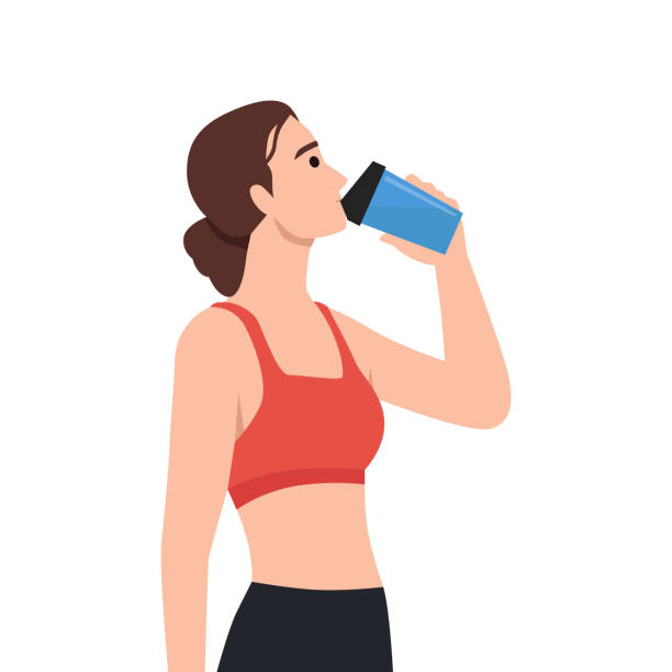 Woman drinking protein shake after workout. Woman drinking protein shake Flat vector illustration isolated on white background protein powder bottle stock illustrations